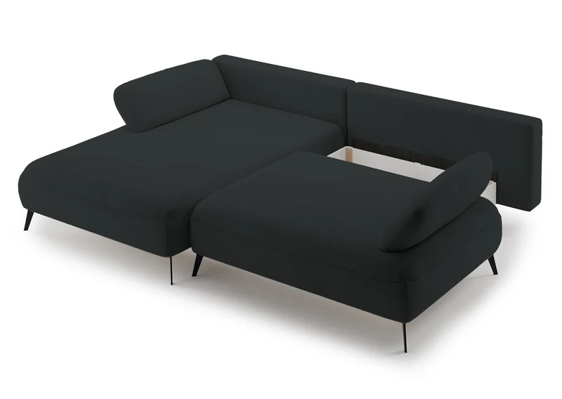 Ecksofa mit Schlaffunktion Avolla, L-förmig, linke Seite, mit Stauraum, graphitfarbener hydrophober Chenille-Stoff