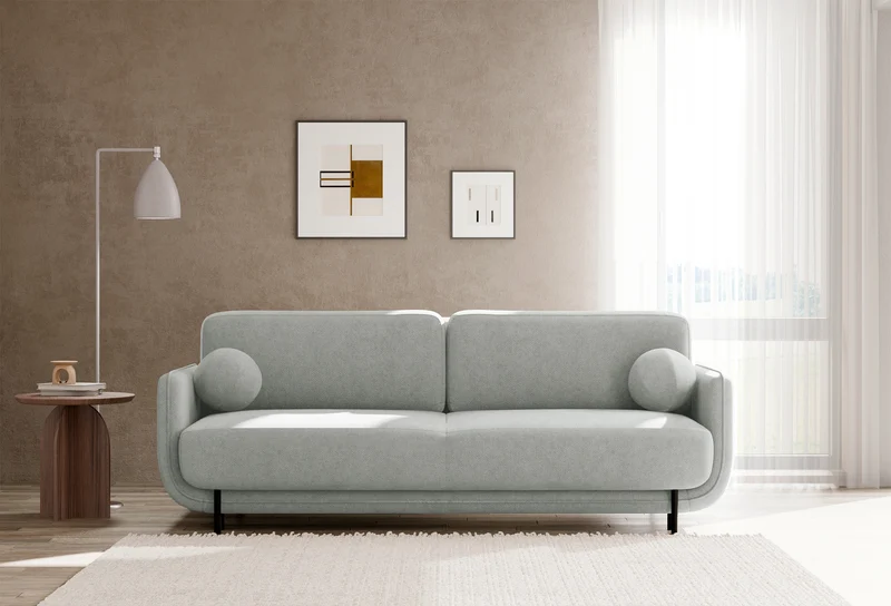 Dreisitziges ausklappbares Sofa Ovals in Hellgrau mit Flechtmuster