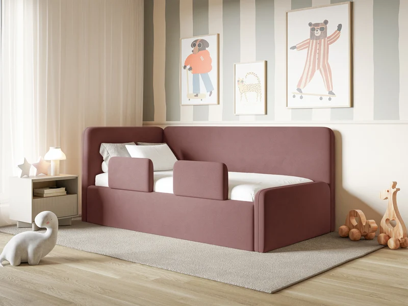 Jugendbett 90x200 cm Fanklo linksseitig mit Stauraum und Geländern, rosa Velours, wasserabweisend und leicht zu reinigen