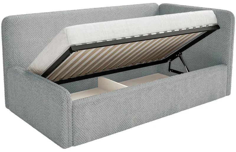 Jugendbett 90x200 cm Fanklo rechtsseitig mit Stauraum, grauer wasserabweisender Plüsch
