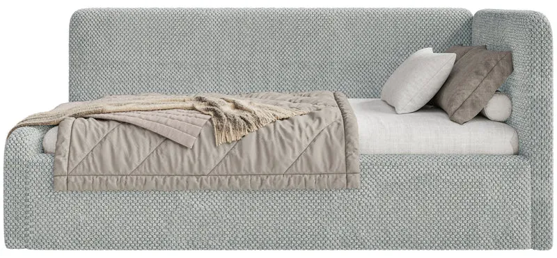 Jugendbett 90x200 cm Fanklo rechtsseitig mit Stauraum, grauer wasserabweisender Plüsch