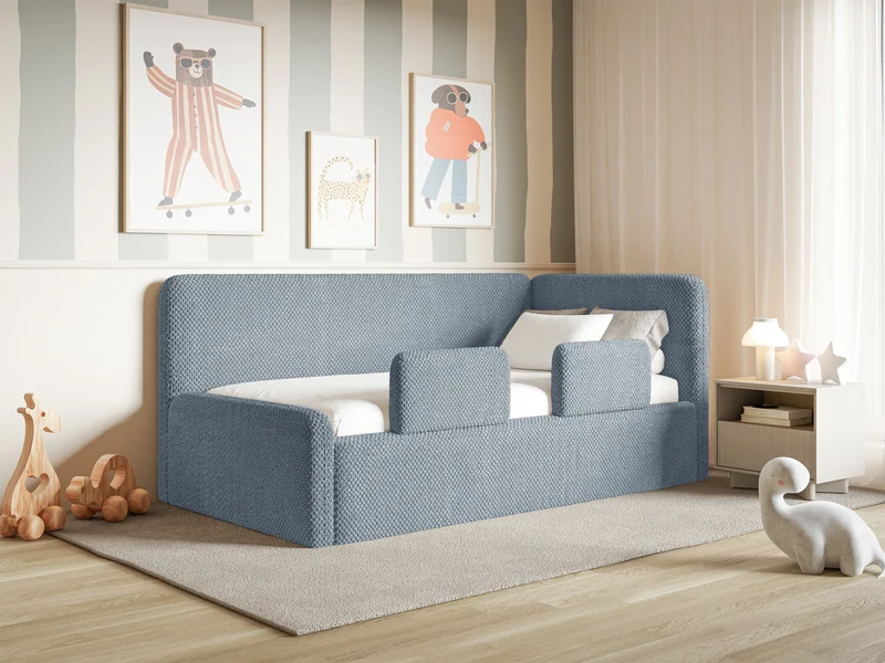 Jugendbett 90x200 cm Fanklo rechtsseitig mit Stauraum und blauen, wasserabweisenden Plüschgeländern