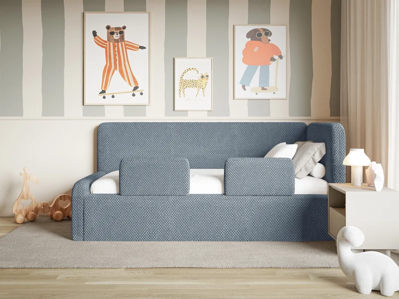 Jugendbett 90x200 cm Fanklo rechtsseitig mit Stauraum und blauen, wasserabweisenden Plüschgeländern