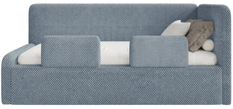 Jugendbett 90x200 cm Fanklo rechtsseitig mit Stauraum und blauen, wasserabweisenden Plüschgeländern