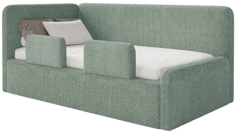 Jugendbett 90x200 cm Fanklo linksseitig mit Stauraum und Seitengittern, salbeigrüner, wasserabweisender Plüsch