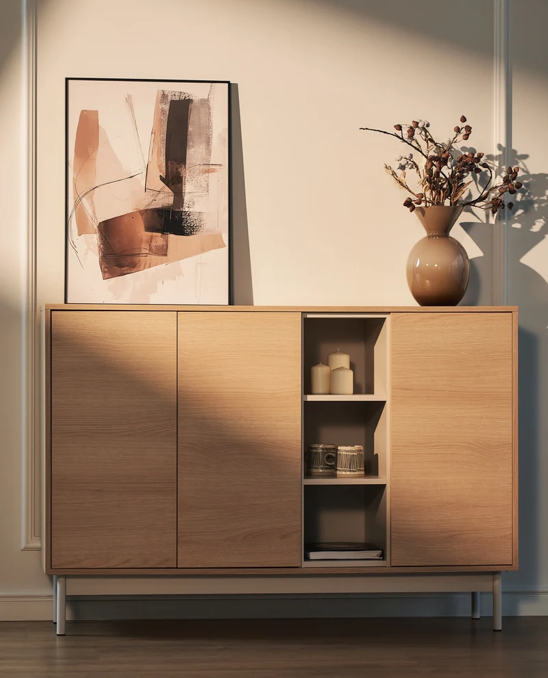 Drehtür-Kommode Layen mit drei Fächern, 138 cm, Lindberg-Eiche/Kaschmir