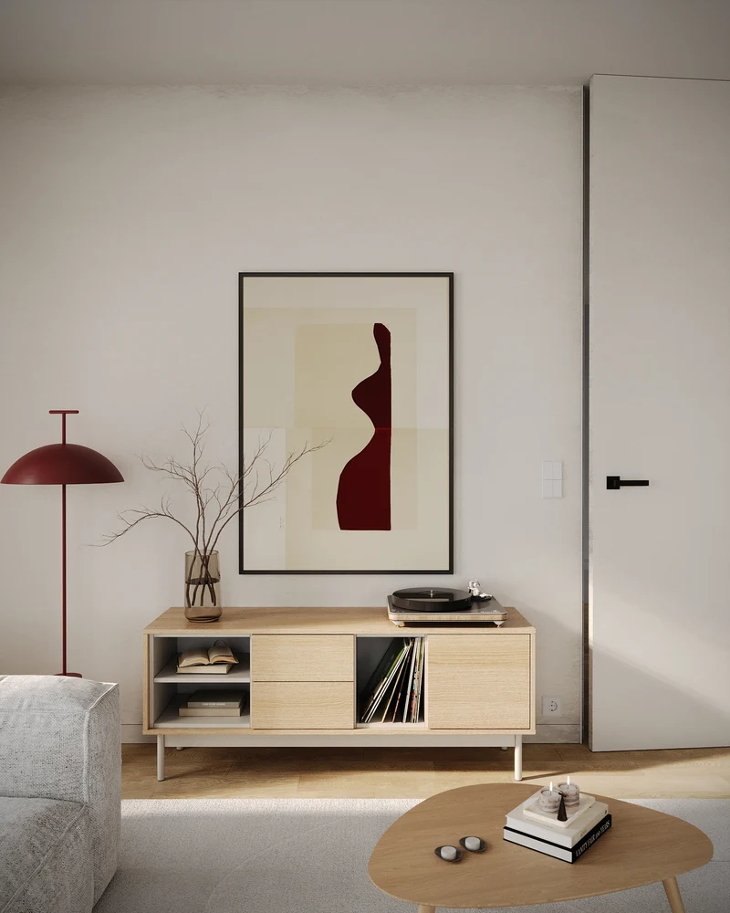 Layen TV-Schrank mit einer Tür, zwei Schubladen und drei Fächern, 138 cm, Lindberg-Eiche/Kaschmir