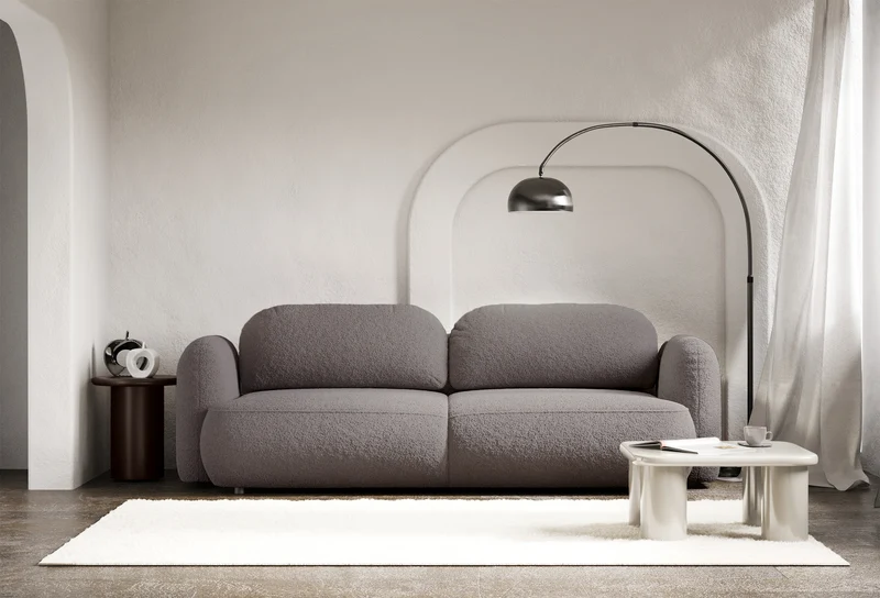 Dreisitziges ausklappbares Sofa Tvoya in graubraunem Bouclé