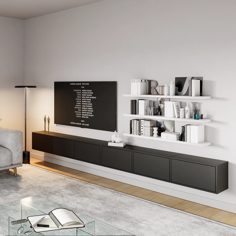 Hängender TV-Schrank Framme mit sechs Klappen, 300 cm, schwarz