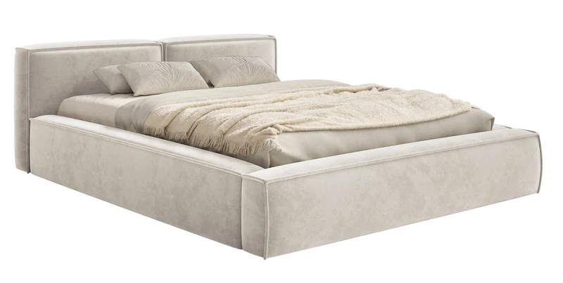 Gepolstertes Bett 200x200 cm Tilves Slim Low mit Stauraum, Metallrahmen, grau-beiges Samtvelours