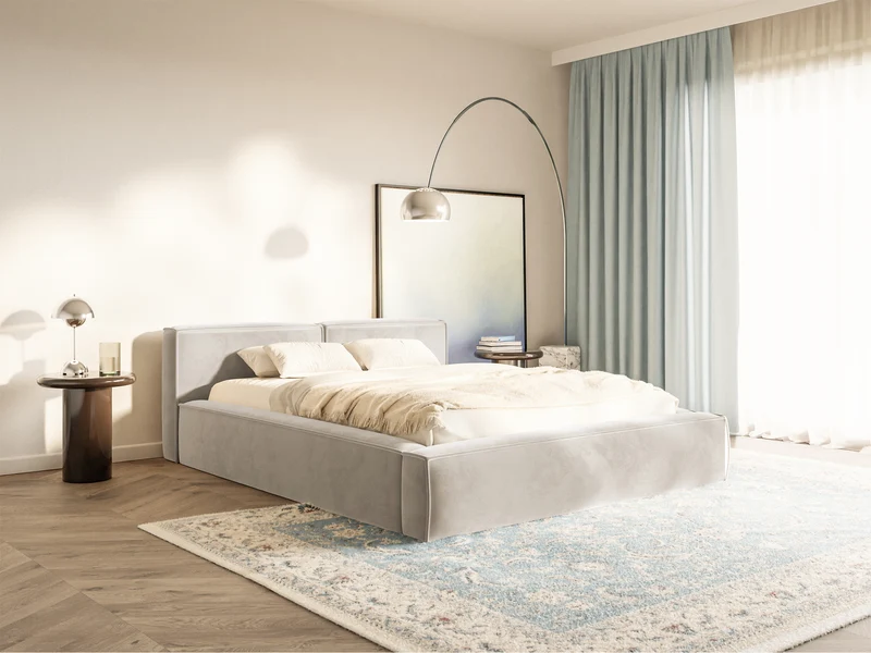 Gepolstertes Bett 200x200 cm Tilves Slim Low mit Stauraum, Metallrahmen, grau-beiges Samtvelours