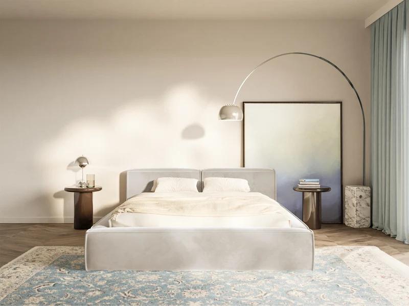 Gepolstertes Bett 200x200 cm Tilves Slim Low mit Stauraum, Metallrahmen, grau-beiges Samtvelours