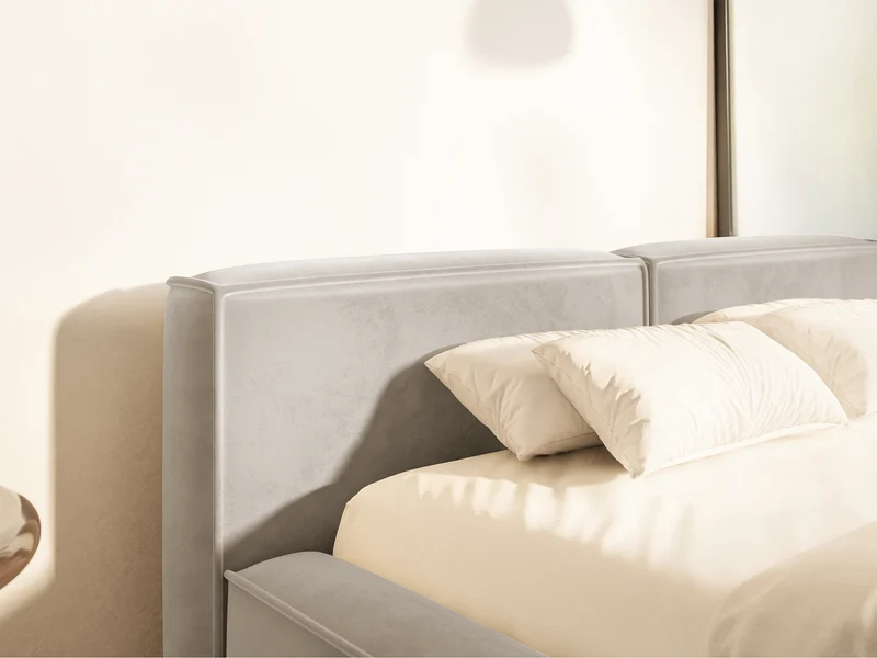 Gepolstertes Bett 200x200 cm Tilves Slim Low mit Stauraum, Metallrahmen, grau-beiges Samtvelours