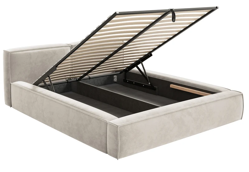Gepolstertes Bett 200x200 cm Tilves Slim Low mit Stauraum, Metallrahmen, grau-beiges Samtvelours