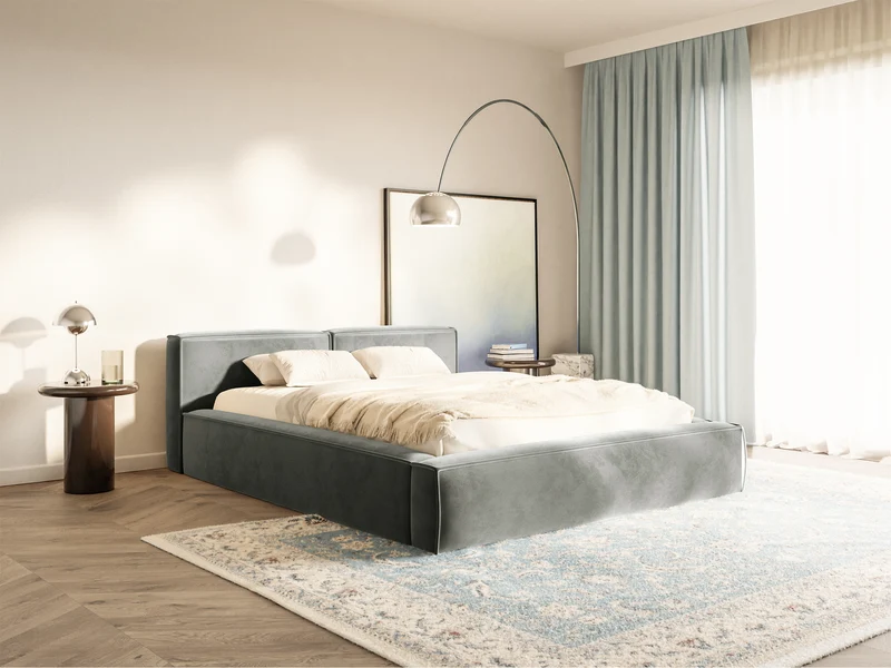 Polsterbett 200x200 cm Tilves Slim Low mit Stauraum, Metallrahmen, grauer Samt