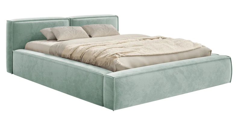 Polsterbett 160x200 cm Tilves Slim Low mit Stauraum, Metallrahmen, Salbeigrüner Samtvelours
