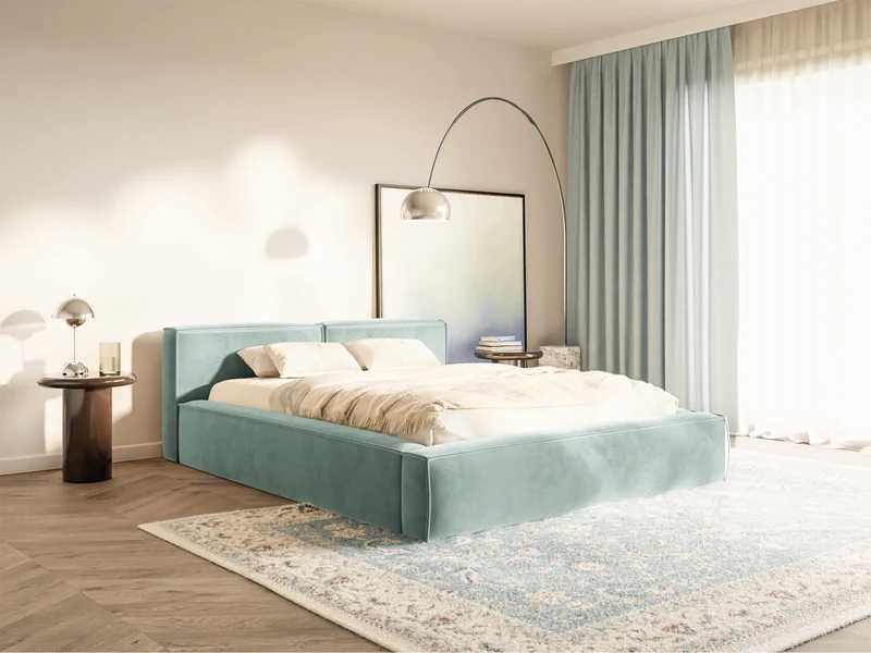 Polsterbett 160x200 cm Tilves Slim Low mit Stauraum, Metallrahmen, Salbeigrüner Samtvelours