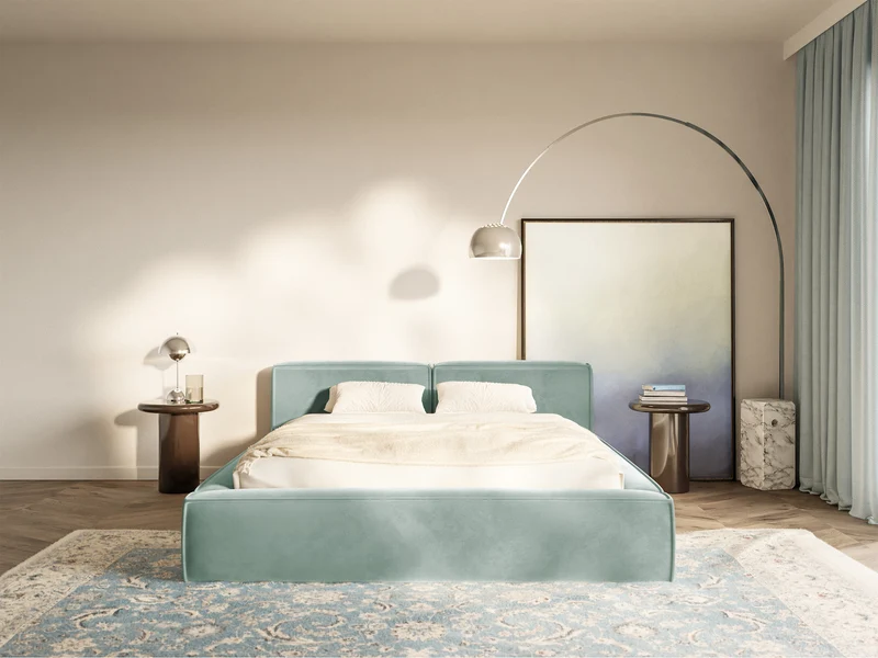 Polsterbett 160x200 cm Tilves Slim Low mit Stauraum, Metallrahmen, Salbeigrüner Samtvelours