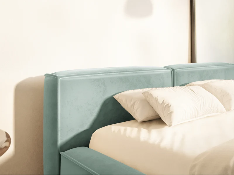 Polsterbett 160x200 cm Tilves Slim Low mit Stauraum, Metallrahmen, Salbeigrüner Samtvelours