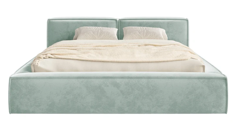 Polsterbett 160x200 cm Tilves Slim Low mit Stauraum, Metallrahmen, Salbeigrüner Samtvelours