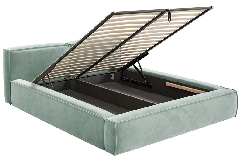 Polsterbett 160x200 cm Tilves Slim Low mit Stauraum, Metallrahmen, Salbeigrüner Samtvelours