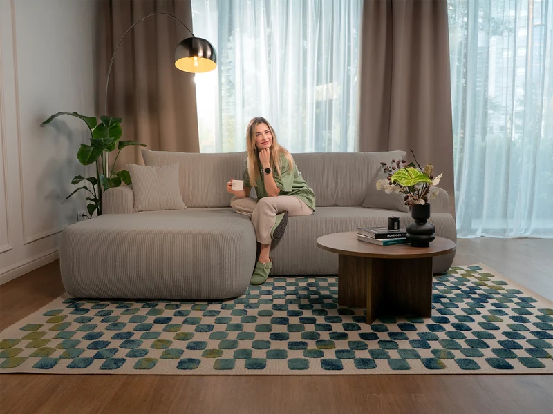 Ecksofa mit Schlaffunktion Ovo Cord, L-förmig, linksseitig, mit Stauraum, beige Cordstoff