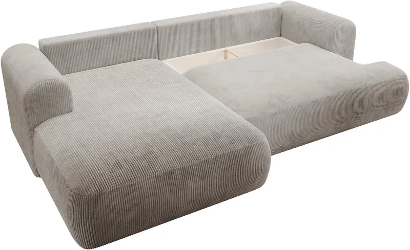 Ecksofa mit Schlaffunktion Ovo Cord, L-förmig, linksseitig, mit Stauraum, grau-beige Cordstoff