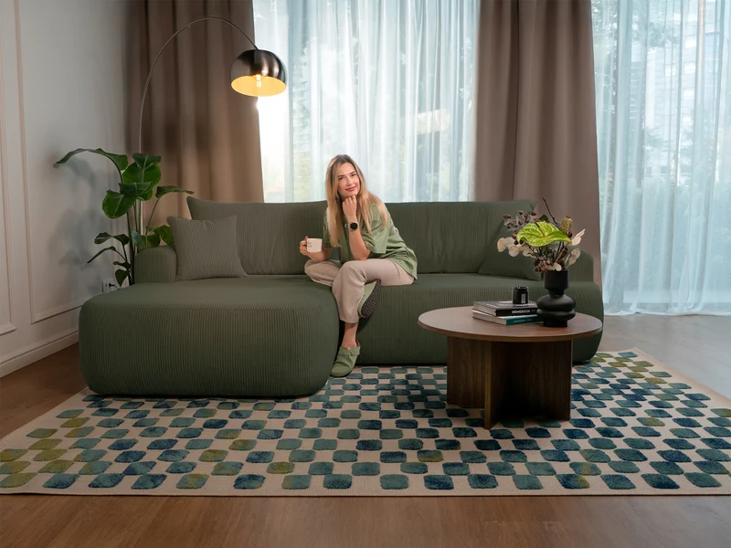 Ecksofa mit Schlaffunktion Ovo Cord L-förmig linksseitig mit Stauraum olivgrüner Cordstoff