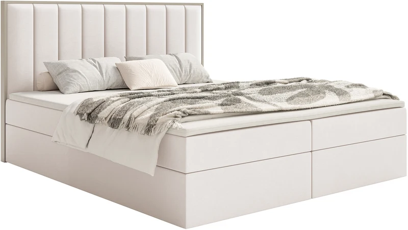 Kontinentales Bett 180x200 cm Togents mit Stauraum und Topper, cremefarbener Velours, wasserabweisend