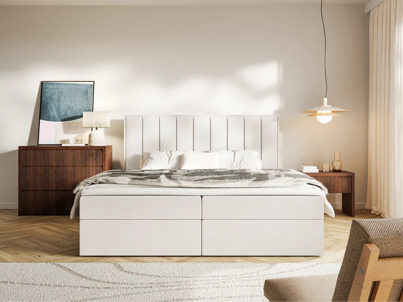 Kontinentales Bett 180x200 cm Togents mit Stauraum und Topper, cremefarbener Velours, wasserabweisend