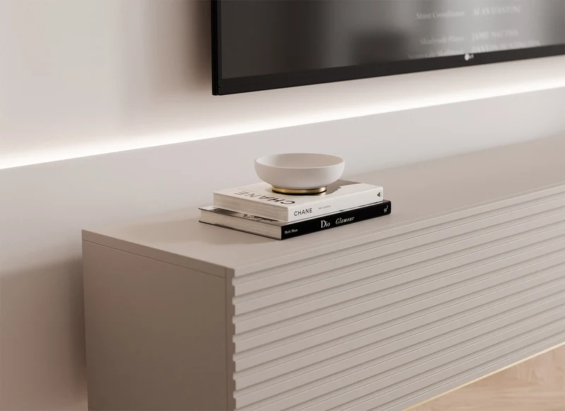 TV-Schrank Linearis mit zwei klappbaren Fächern und LED-Beleuchtung, 175 cm, Kaschmir auf goldenen Füßen