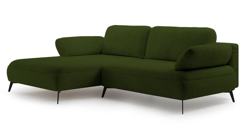 Ecksofa mit Schlaffunktion Avolla, L-förmig, linksseitig, mit Stauraum, olivgrüner hydrophober Chenillestoff