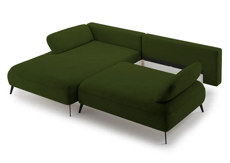 Ecksofa mit Schlaffunktion Avolla, L-förmig, linksseitig, mit Stauraum, olivgrüner hydrophober Chenillestoff