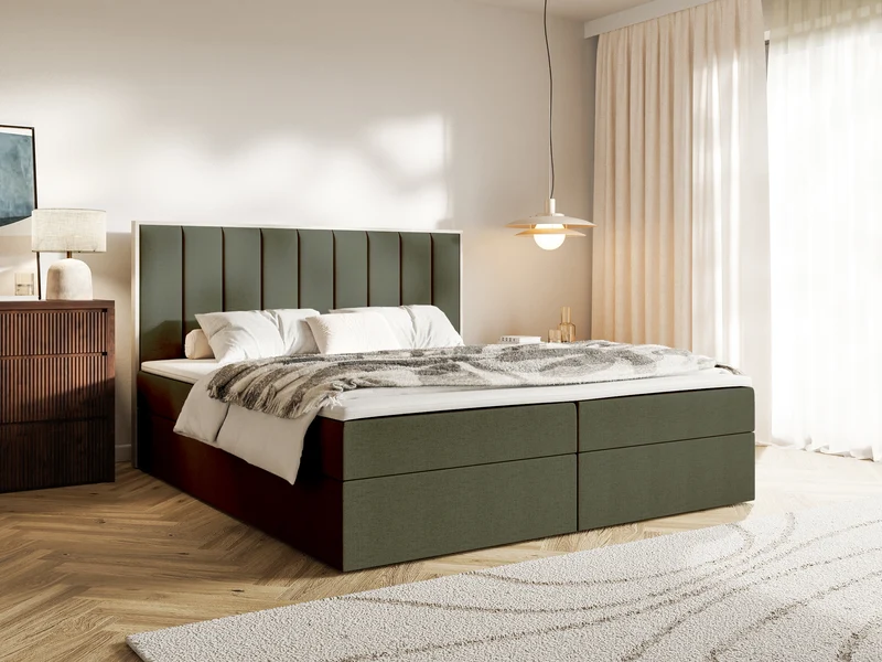 Kontinentalbett 180x200 cm Togents mit Stauraum und Topper, dunkelgrüner hydrophober Chenillestoff