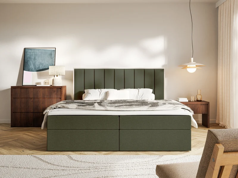 Kontinentalbett 180x200 cm Togents mit Stauraum und Topper, dunkelgrüner hydrophober Chenillestoff