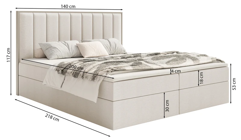 Kontinentalbett 140x200 cm Togents mit Stauraum und Topper, grauer hydrophober Chenillestoff