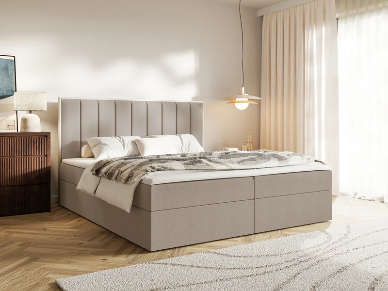 Kontinentales Bett 160x200 cm Togents mit Stauraum und Topper, brauner hydrophober Chenillestoff