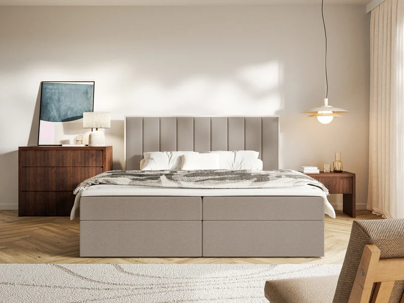 Kontinentales Bett 160x200 cm Togents mit Stauraum und Topper, brauner hydrophober Chenillestoff