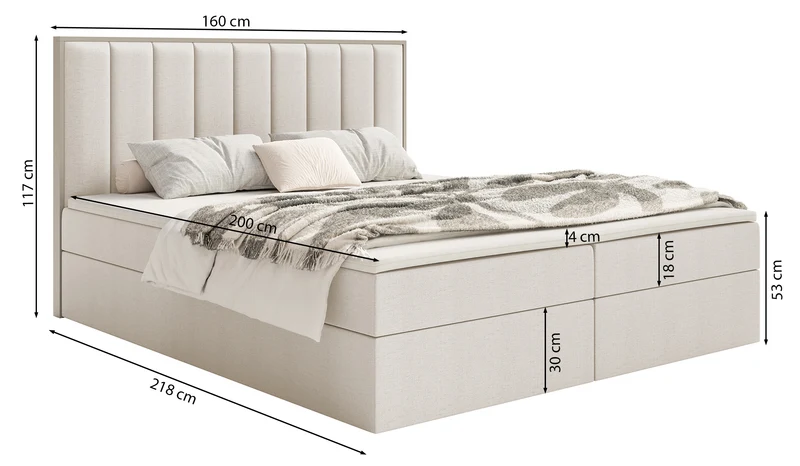 Kontinentales Bett 160x200 cm Togents mit Stauraum und Topper, hellbeige Chenille, wasserabweisend