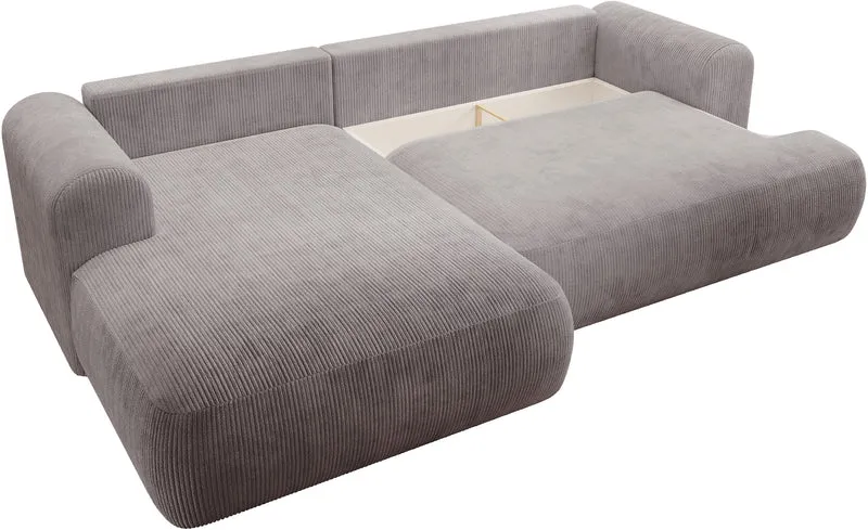 Ecksofa mit Schlaffunktion Ovo Cord, L-förmig, linksseitig, mit Stauraum, hellgrauer Cordstoff