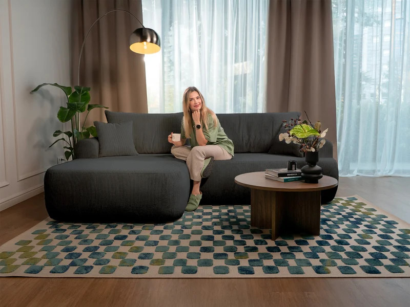 Ecksofa mit Schlaffunktion Ovo Cord, L-förmig, linksseitig, mit Stauraum, dunkelgrauer Cordstoff