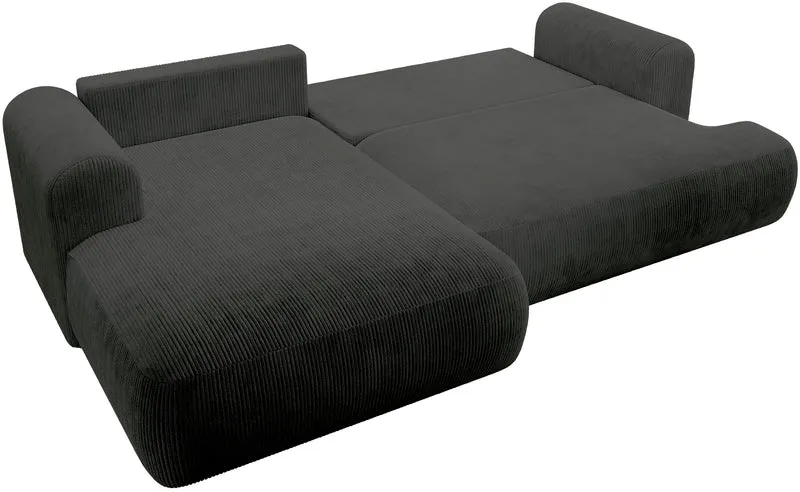 Ecksofa mit Schlaffunktion Ovo Cord, L-förmig, linksseitig, mit Stauraum, dunkelgrauer Cordstoff