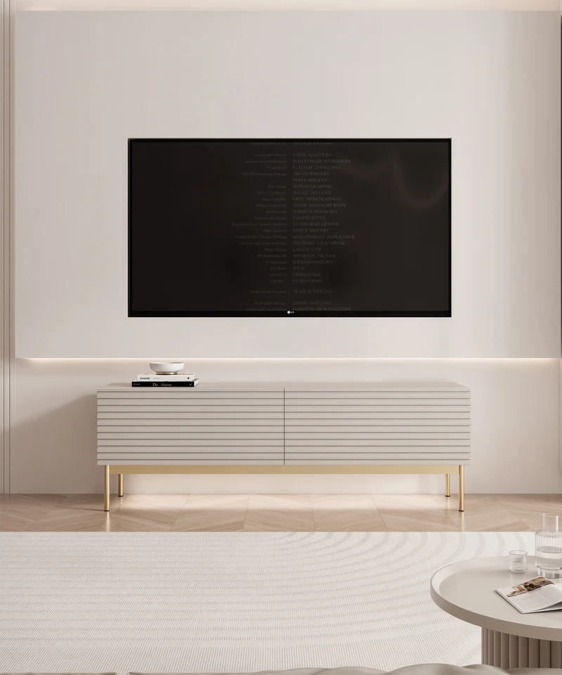 TV-Schrank Linearis mit zwei klappbaren Fächern und LED-Beleuchtung, 139 cm, Kaschmir auf goldenen Beinen