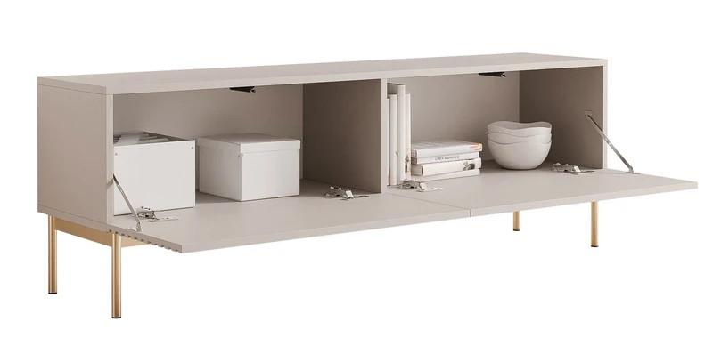 TV-Schrank Linearis mit zwei klappbaren Fächern und LED-Beleuchtung, 139 cm, Kaschmir auf goldenen Beinen