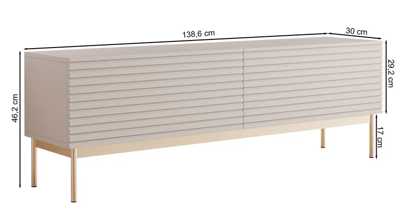 TV-Schrank Linearis mit zwei klappbaren Fächern und LED-Beleuchtung, 139 cm, Kaschmir auf goldenen Beinen