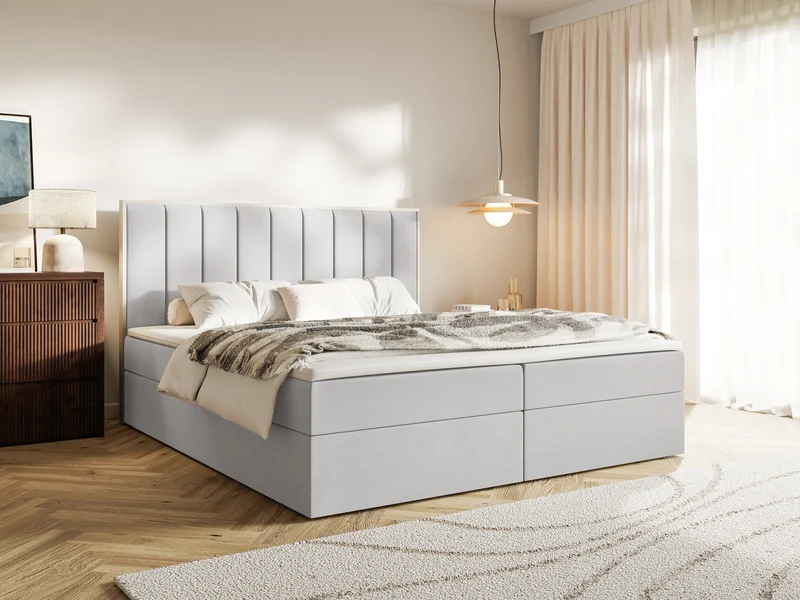 Kontinentales Bett 140x200 cm Togents mit Stauraum und Topper, hellgrauer Velours, wasserabweisend