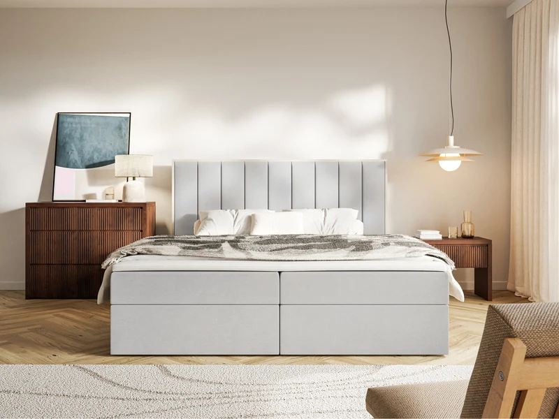 Kontinentales Bett 140x200 cm Togents mit Stauraum und Topper, hellgrauer Velours, wasserabweisend