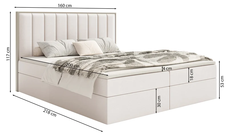 Kontinentales Bett 160x200 cm Togents mit Stauraum und Topper, weißer hydrophober Samt
