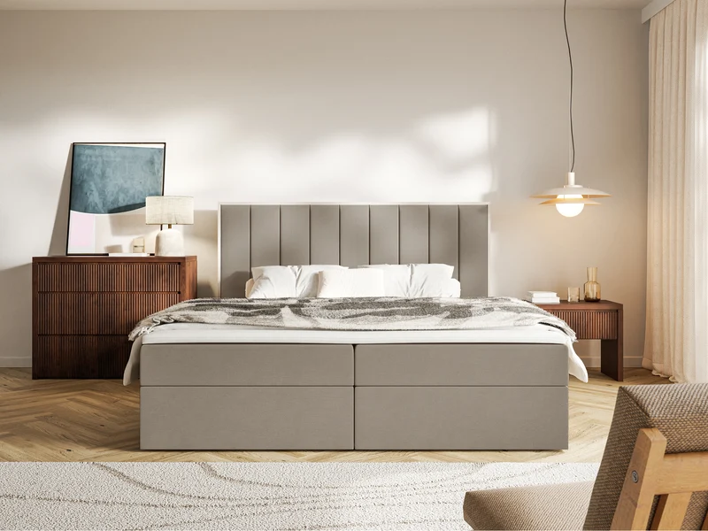 Kontinentales Bett 180x200 cm Togents mit Stauraum und Topper, brauner wasserabweisender Samt