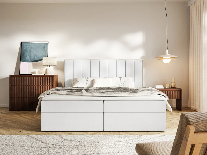 Kontinentales Bett 160x200 cm Togents mit Stauraum und Topper, weißer hydrophober Samt